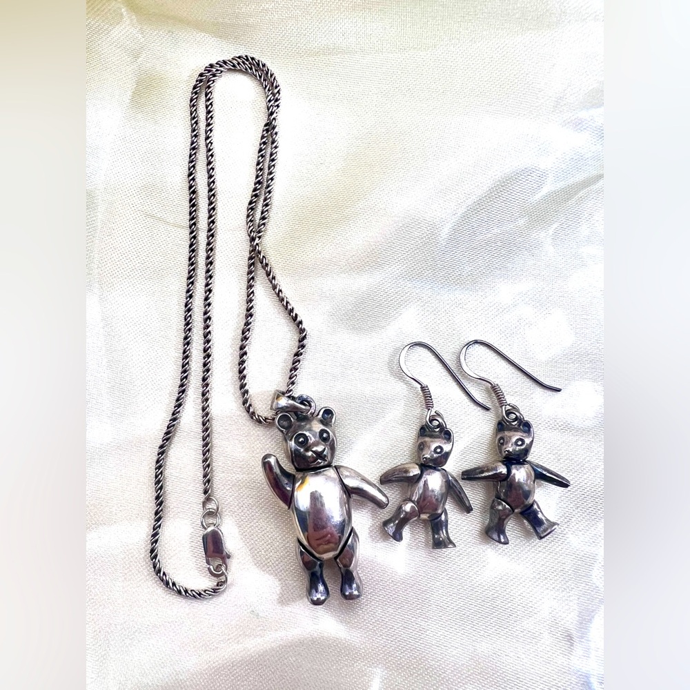 Vintage Sterling Silver 925 Articulated Teddy Bear Necklace & Earrings Set